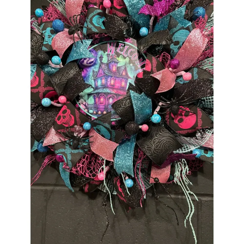 Halloween Wreath for Front Door Black and Pink Haunted House 30 inch